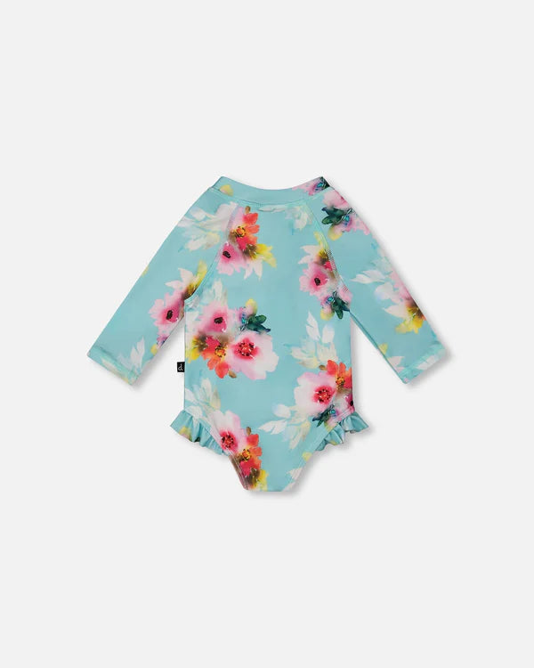 Deux Par Deux Long Sleeve One-Piece Rashguard With Frills - Watercolor Flower