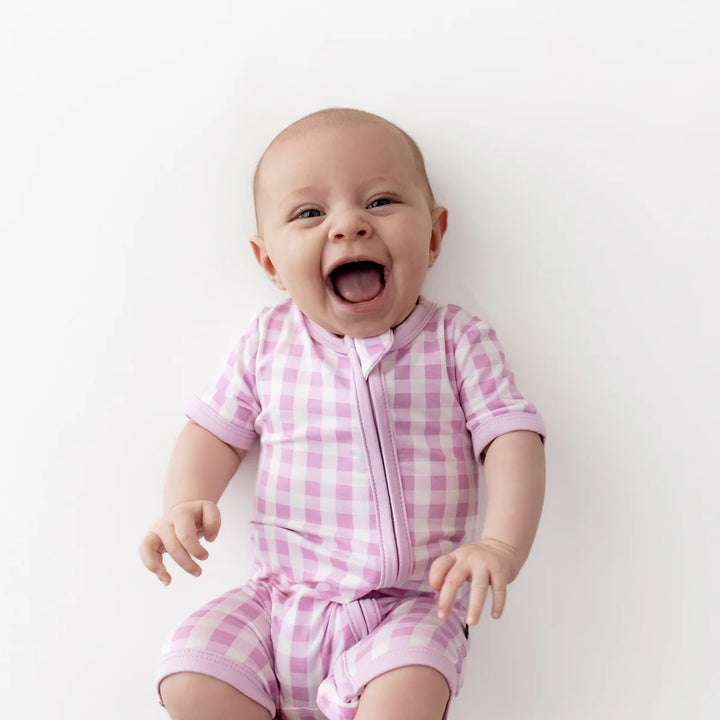 Kyte Baby Zippered Shortall Romper - Gingham Thistle