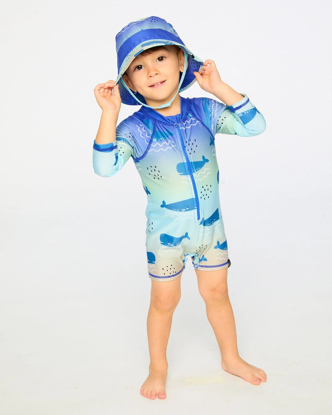 Deux Par Deux Long Sleeve One-Piece Rashguard - Blue Whale