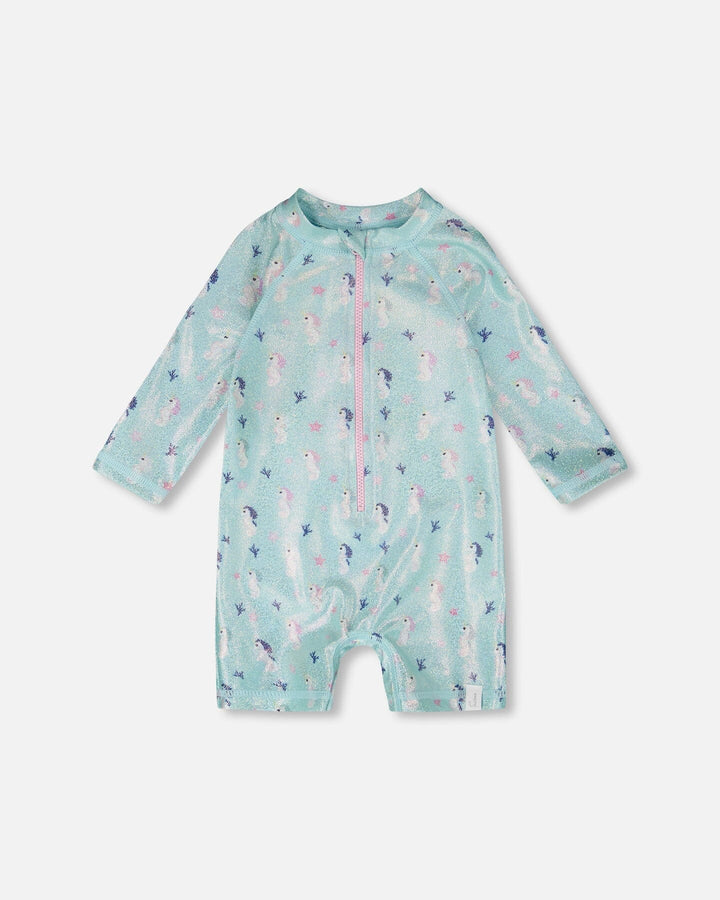 Deux Par Deux Long Sleeve One-Piece Rashguard - Blue Seahorse