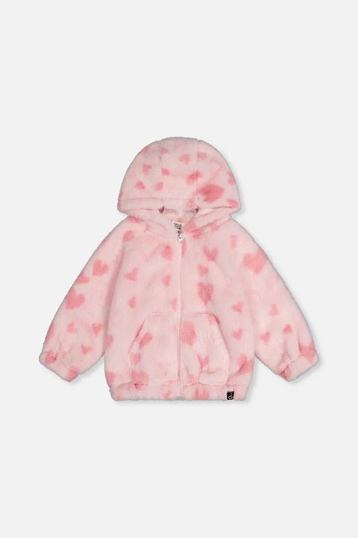 Deux Par Deux Hooded Full Zip Fake Fur Jacket - Jacquard Hearts