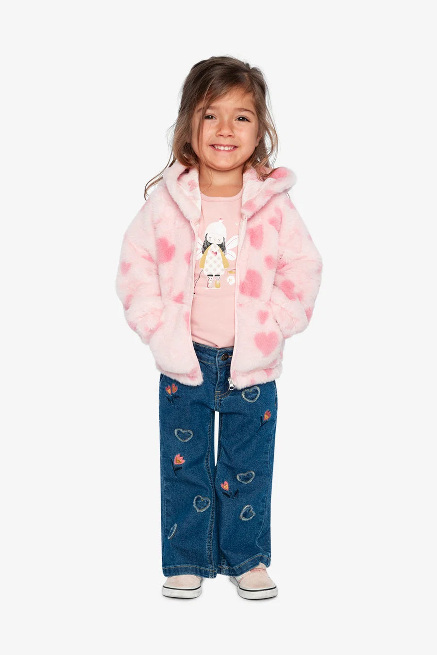 Deux Par Deux Hooded Full Zip Fake Fur Jacket - Jacquard Hearts