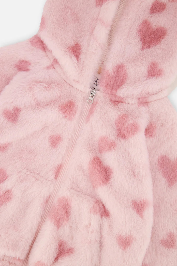 Deux Par Deux Hooded Full Zip Fake Fur Jacket - Jacquard Hearts
