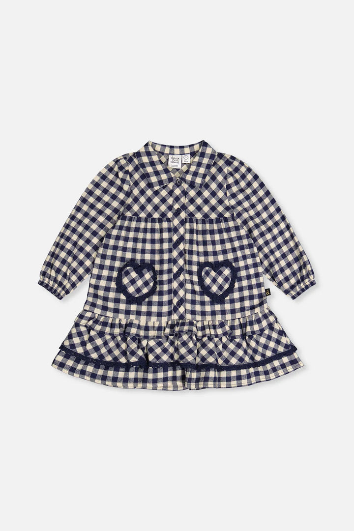 Deux Par Deux Shirt Dress with Frills - Navy and White Gingham