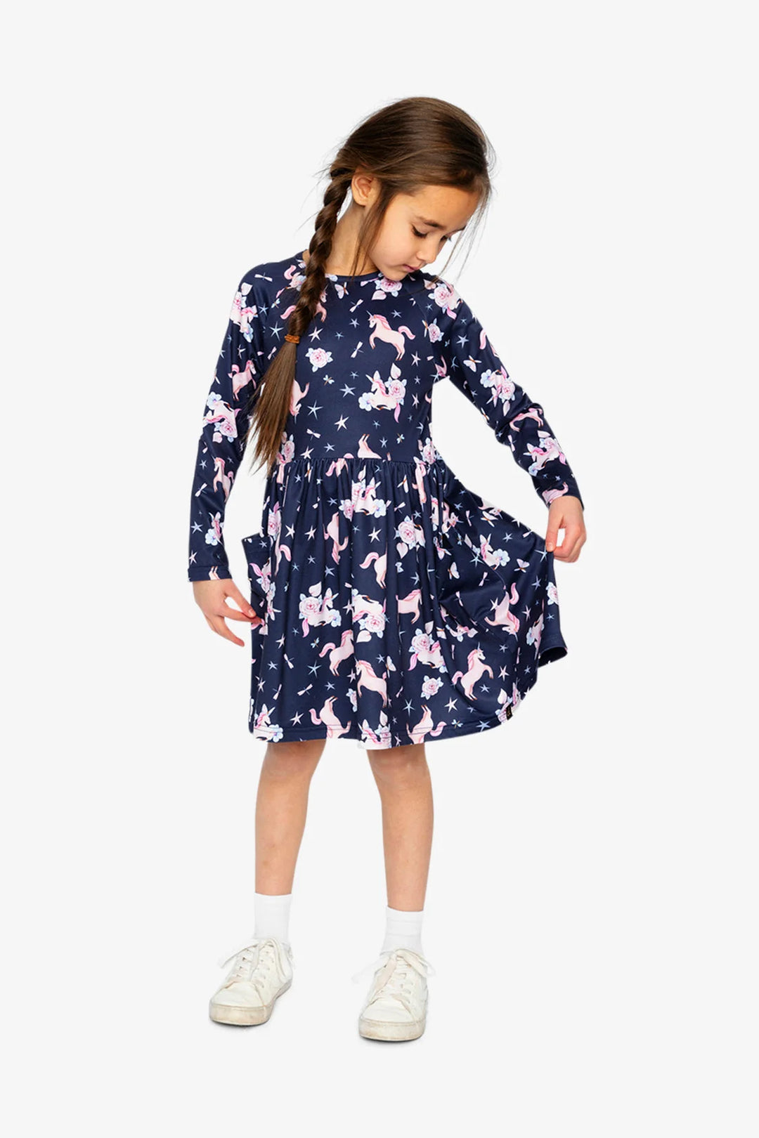 Deux Par Deux Long Sleeve Dress Navy Unicorn