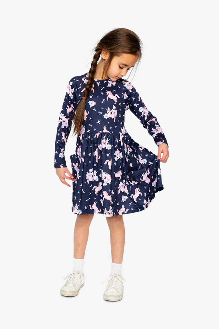 Deux Par Deux Long Sleeve Dress Navy Unicorn