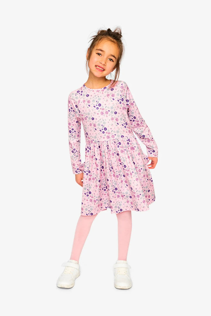 Deux Par Deux Long Sleeve Dress - Rose Printed Daisies