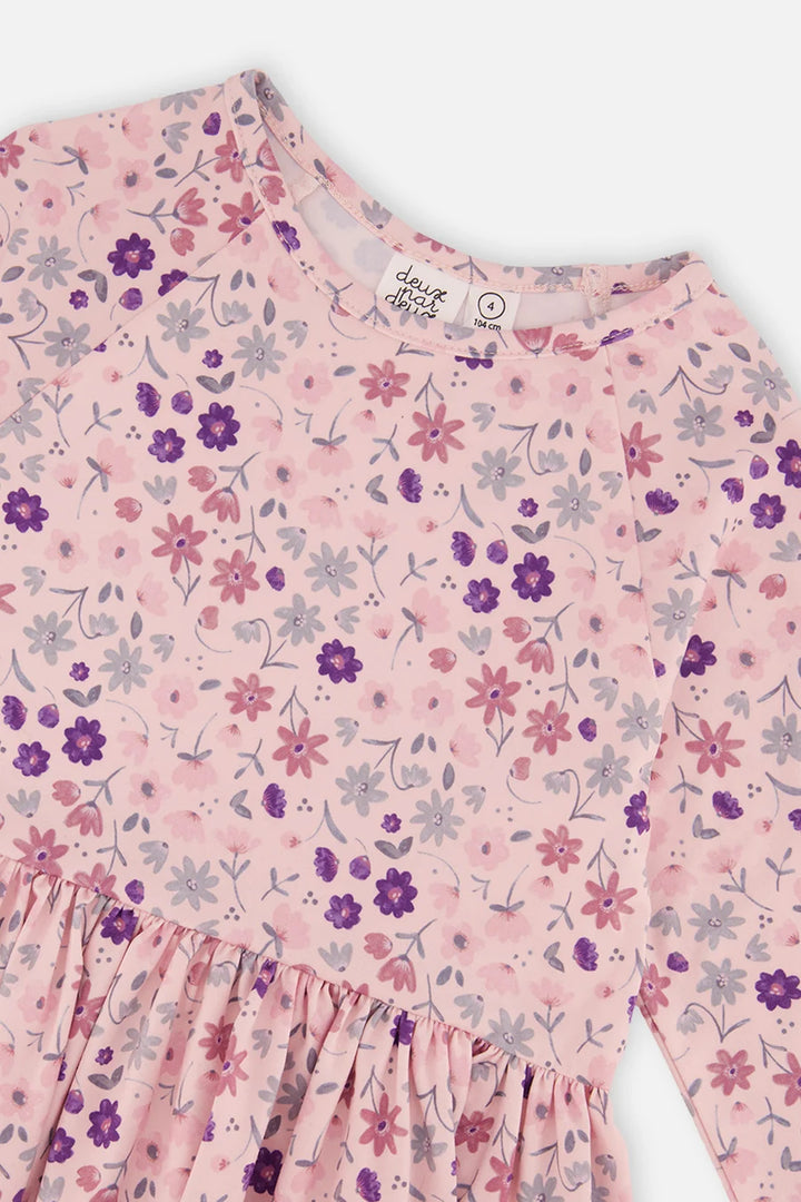 Deux Par Deux Long Sleeve Dress - Rose Printed Daisies